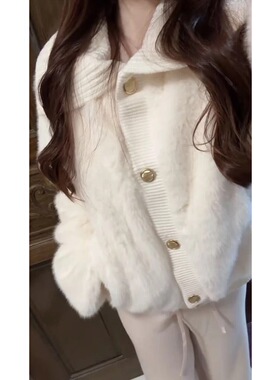 QDQD 甜美可爱风软糯大翻领环保皮草秋冬新款白色皮毛一体外套女