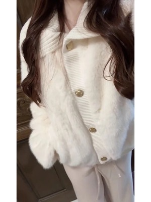 QDQD 甜美可爱风软糯大翻领环保皮草秋冬新款白色皮毛一体外套女