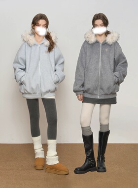 QDQD 原创连帽毛领羊毛呢子大衣夹棉加厚保暖秋冬季拉链卫衣外套