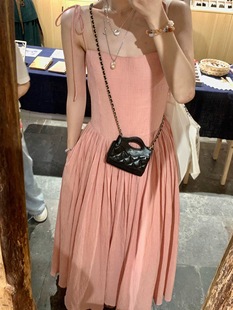 法式 小格子古典吊带连衣裙夏季 气质高级甜美温柔收腰粉色显白长裙