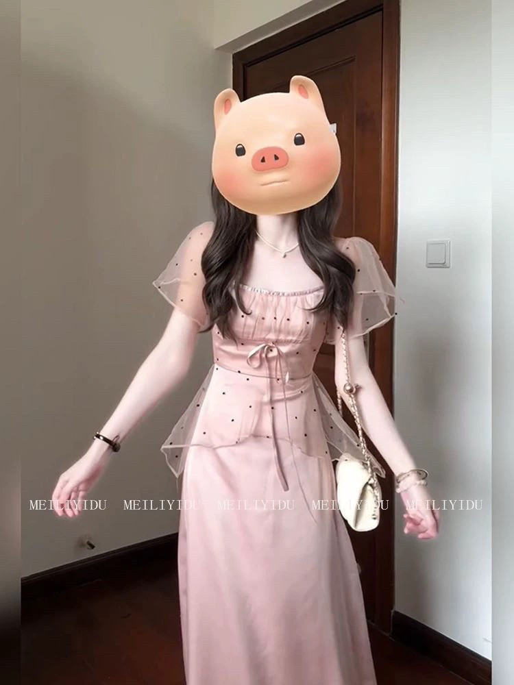 MLYD/定制 大码法式网纱拼接波点缎面连衣裙女温柔风气质收腰长裙