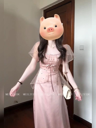 MLYD/定制 大码法式网纱拼接波点缎面连衣裙女温柔风气质收腰长裙