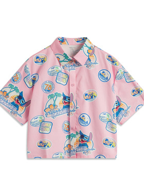 李宁X迪士尼史迪奇联名系列女子时尚休闲百搭宽松短袖衬衫ASHU244