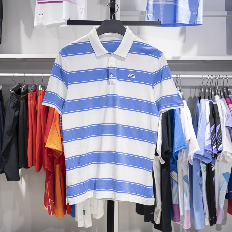 李宁短袖POLO衫2024夏季运动潮流系列男子纯棉透气条纹T恤APLU083