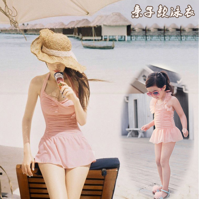 儿童泳衣女童泳装韩版连体裙式亲子装母女宝宝送泳帽小公主游泳衣
