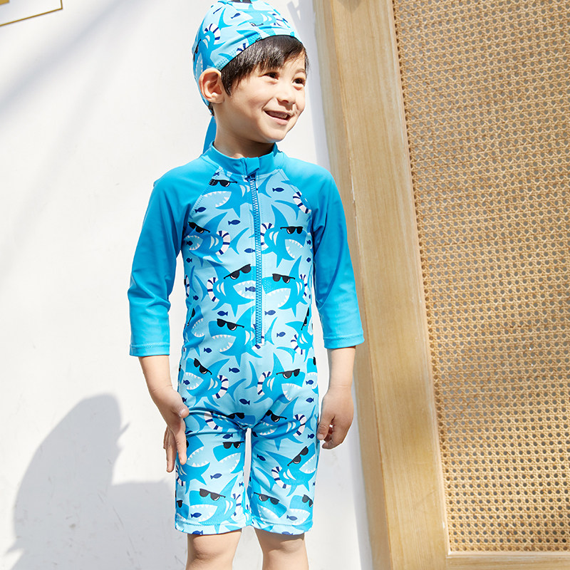韩版儿童男童潮宝宝鲨鱼婴儿小童连体防晒防紫外线冲浪长袖游泳衣