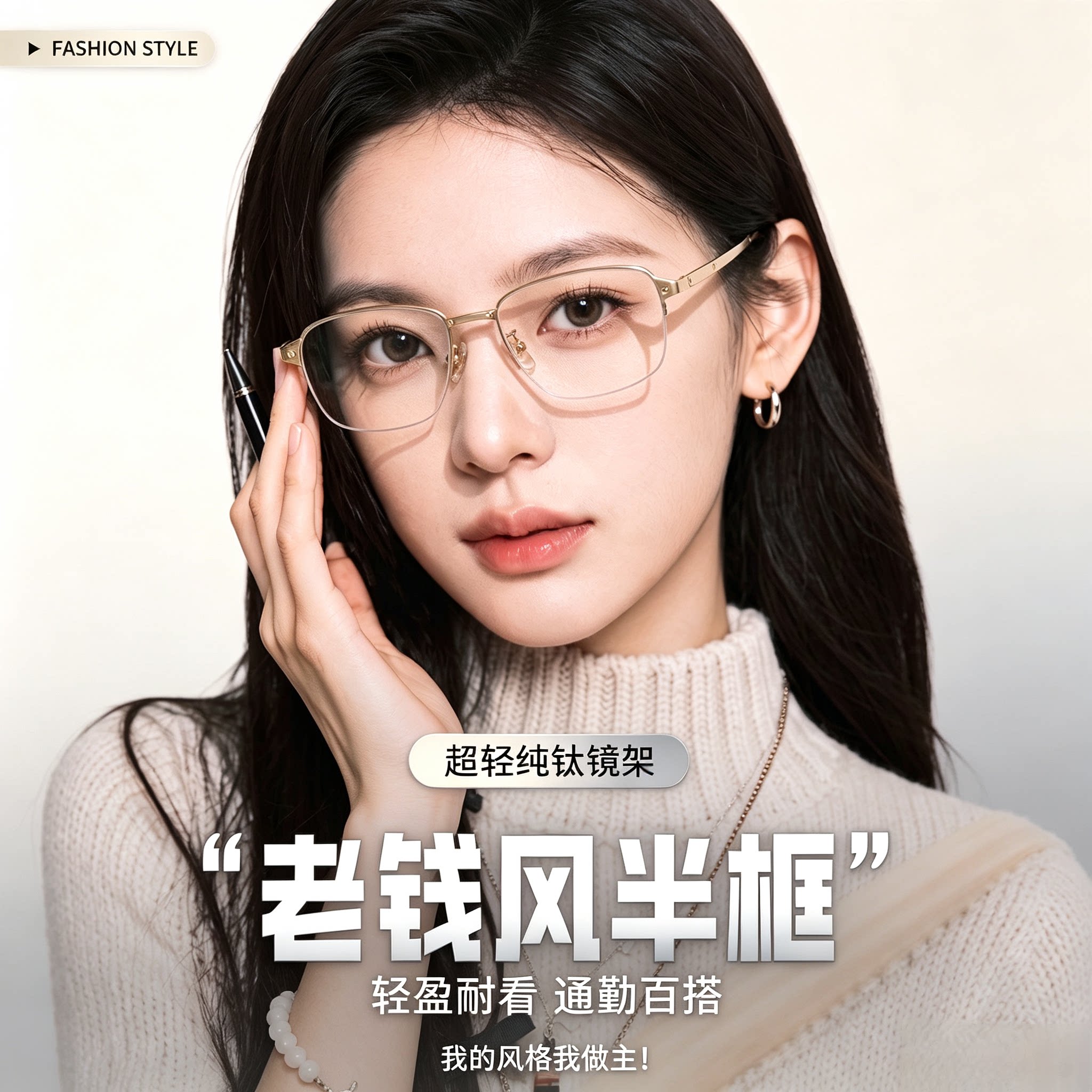 设计师纯钛半框眼镜架多边形近视眼镜方形男女高级感钛架镜架配镜图片