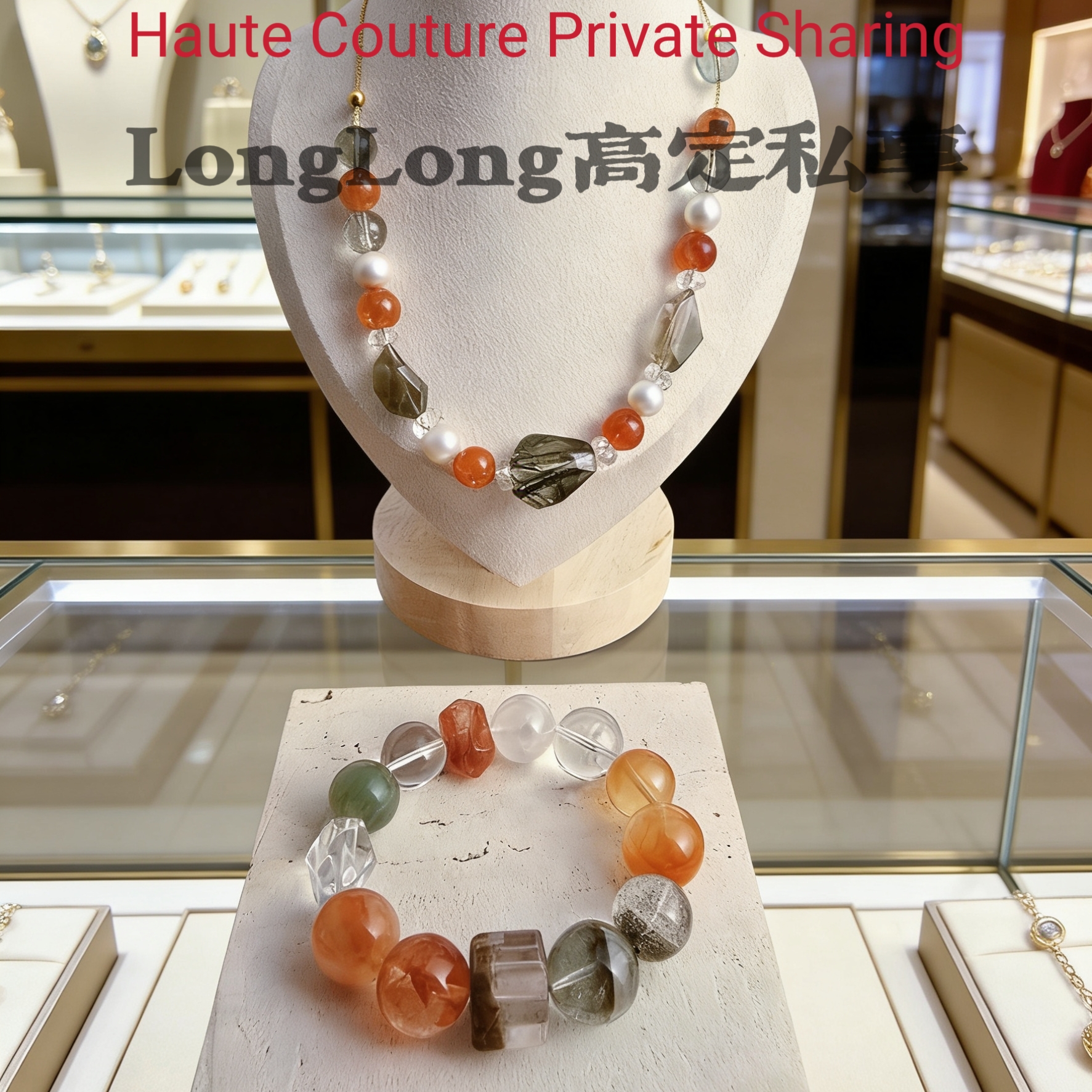 Long高定 孤品尾货 水晶绿幽灵金太阳兔毛百搭项链手串首饰套装