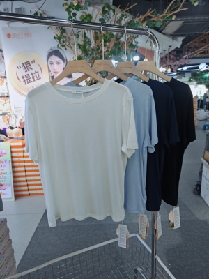 色柚女士夏款6051莱赛尔天丝羊毛冰感短袖T恤纯色简约圆领百搭薄