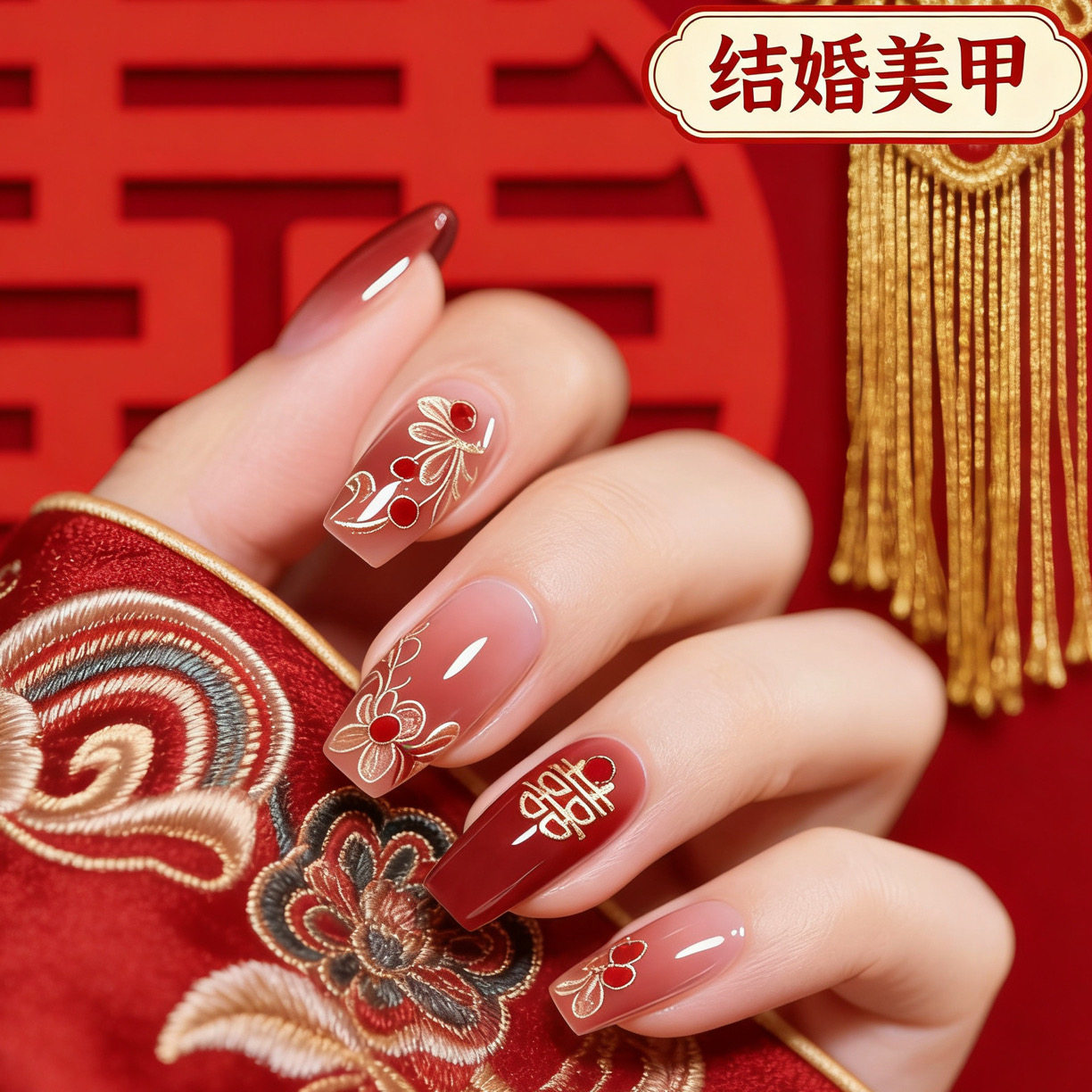 中国风跨境穿戴甲成品复古喜庆中式婚礼结婚美甲贴片假指甲B21