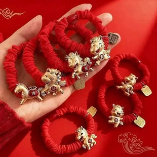 新年红色本命年金马发圈头绳新年发绳头饰女孩儿童皮筋扎丸子头饰