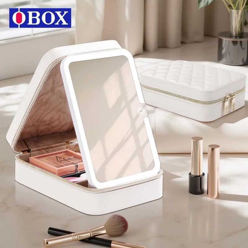 6寸化妆包带镜子高级感便携外出分区收纳立体led灯三色变光化妆包