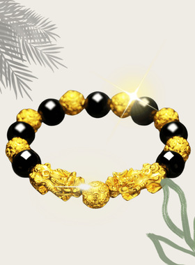金色貔貅手链男士款女黑石实心守护手串送礼首饰六字箴言佛珠礼物