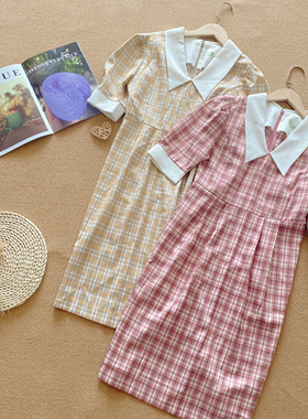 韩国东大门2026春季新款时尚百搭娃娃领格子连衣裙女中长款裙子