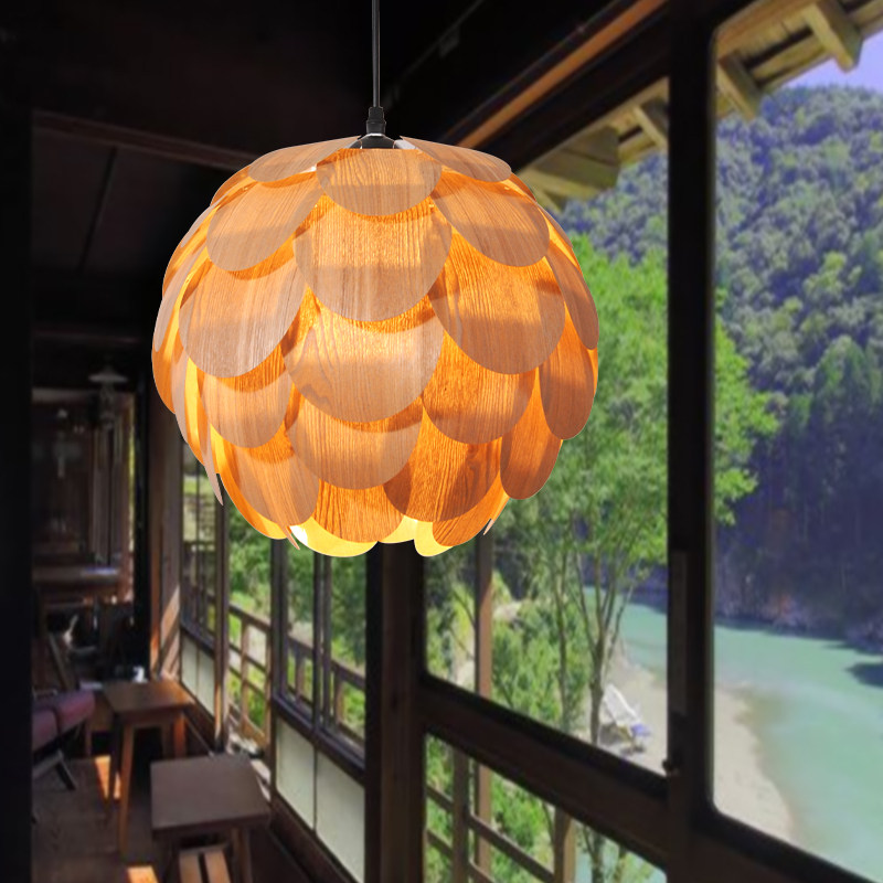 原木风餐厅松果吊灯吧台客厅卧室灯创意圆球木质灯餐馆民宿走廊灯