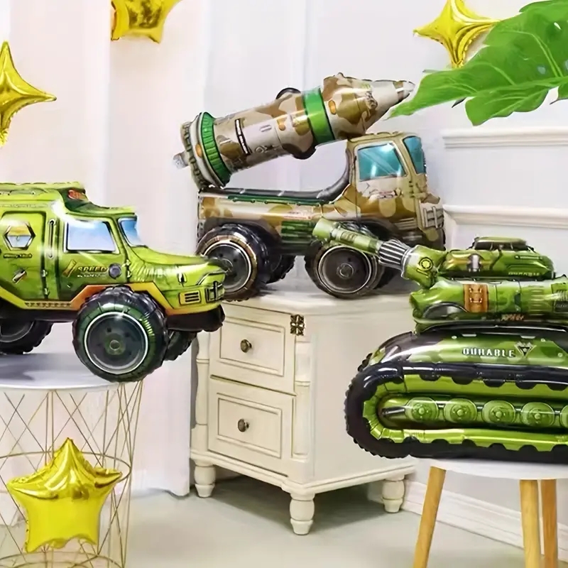 新款4D组装立体卡通坦克导弹工程车装饰气球儿童生日男孩派对装饰