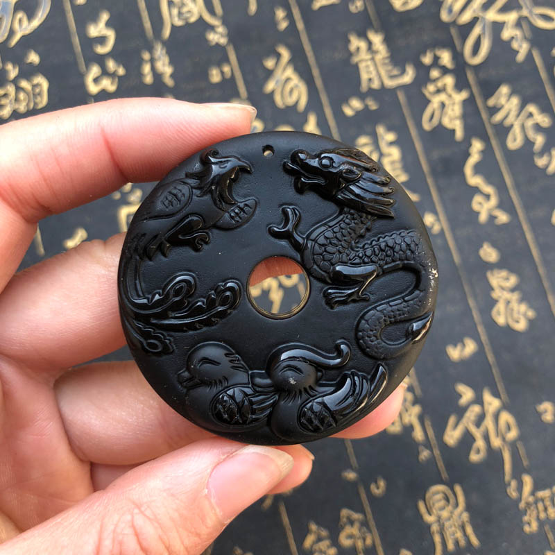 龙凤鸳鸯平安扣吊坠天然黑曜石婚庆礼品情侣款项链玉佩送证书