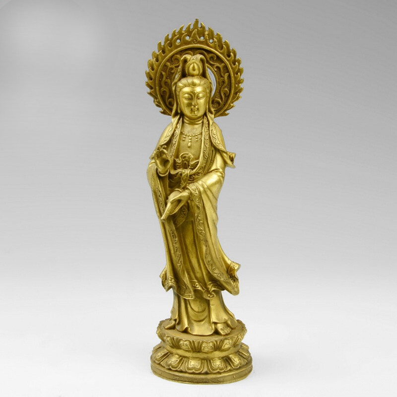 纯铜宝玉瓶观音摆件家居供奉站菩萨佛送证书