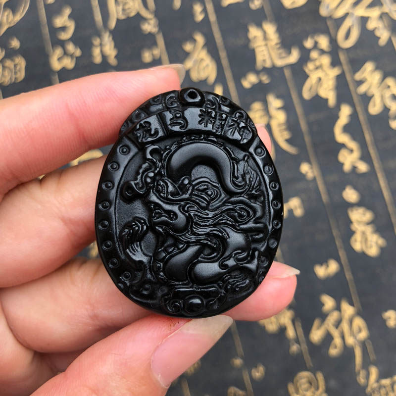 龙马玉吊坠天然黑曜石龙马精神玉牌男女项链送证书