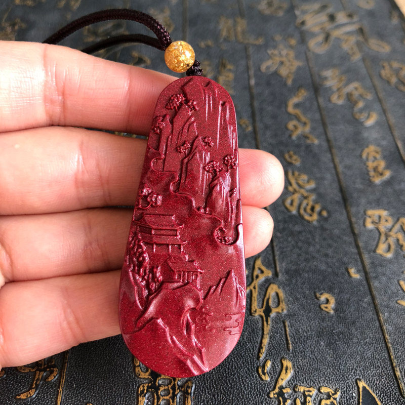 紫金砂立体雕刻山水意境图吊坠台湾原色朱砂项链送证书