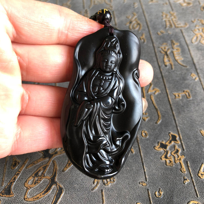 南海滴水站观音项链天然黑曜石荷叶菩萨挂件本命年男女吊坠送证书