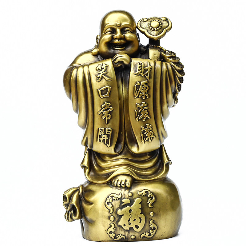 纯铜财源滚滚如意佛摆件笑口常开站佛摆件送证书