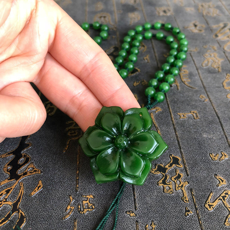 莲花玉佩毛衣链玉石花朵吊坠情侣款项链男女随身花开富贵挂件六瓣