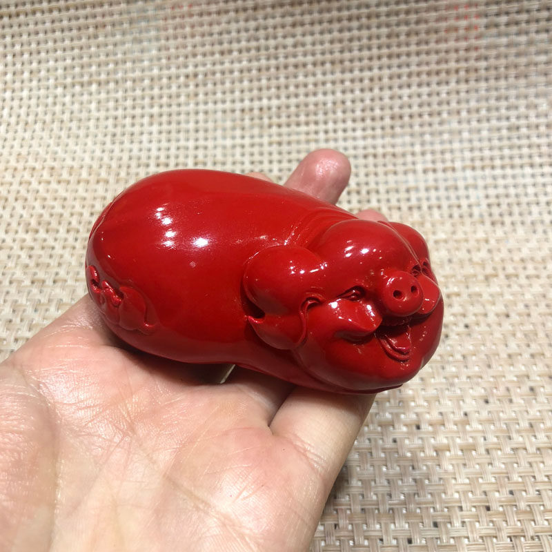 台湾原色帝王红朱砂本命年生肖猪手把件发财猪送证书