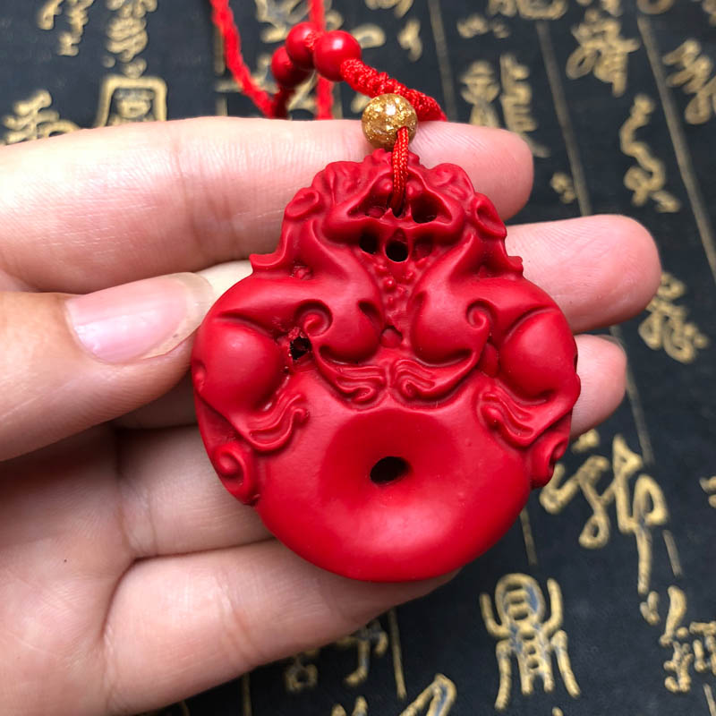 帝王红双貔貅平安扣吊坠台湾原色朱砂财源滚滚吉祥玉扣送证书