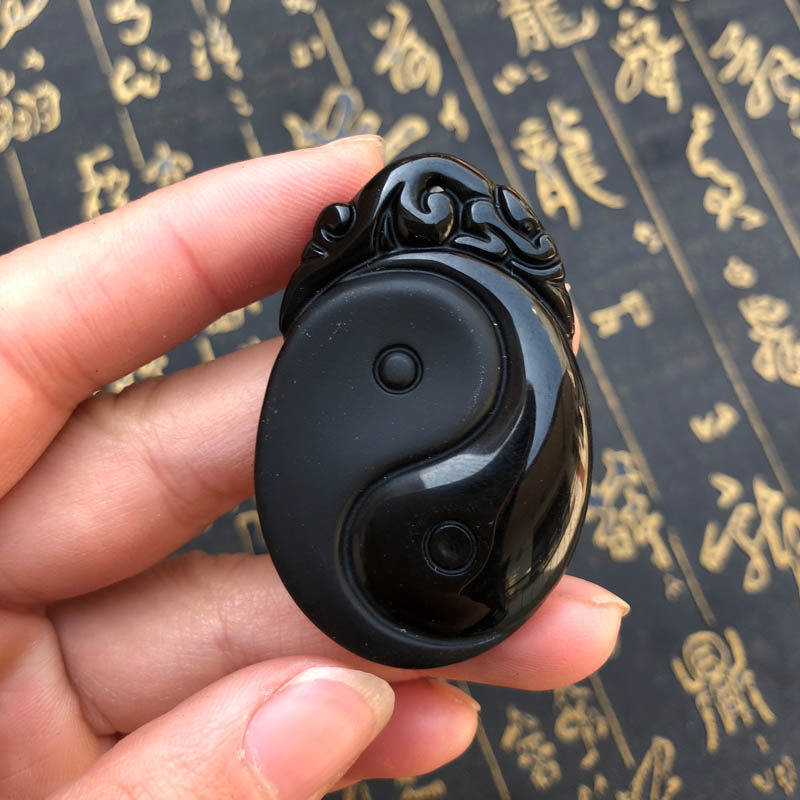天然黑曜石玉佩项链证书阴阳鱼