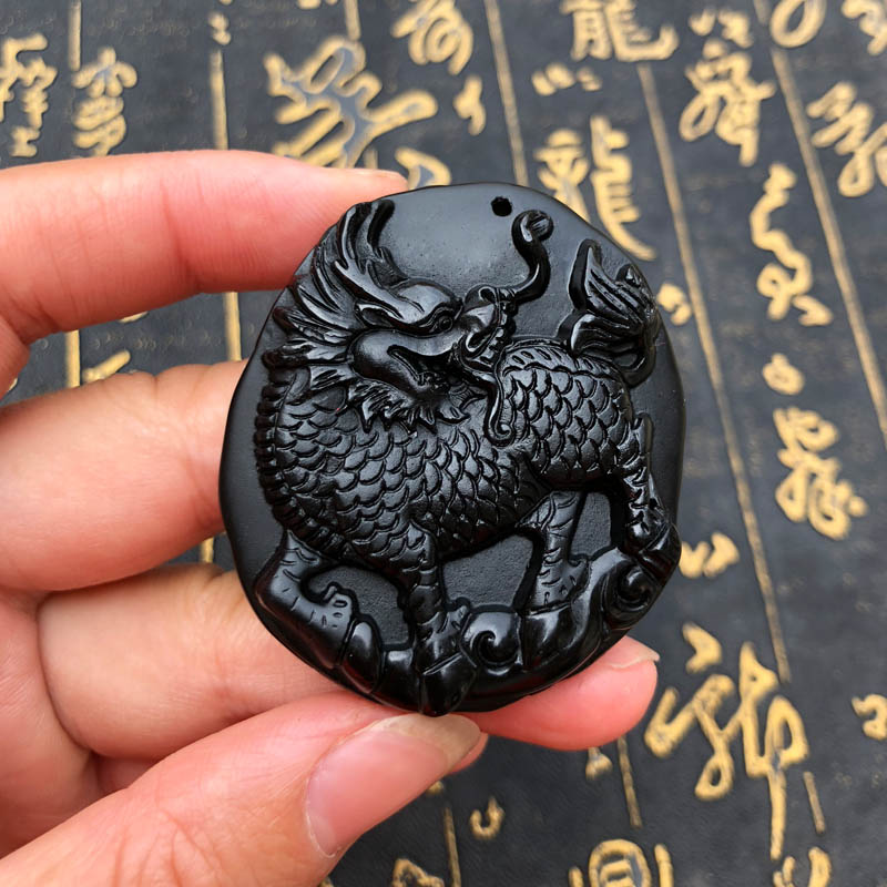 天然黑曜石招财五行缺火证书吊坠