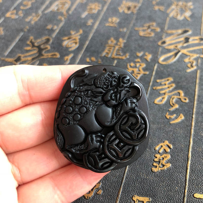 天然黑曜石金蟾招财转运证书吊坠
