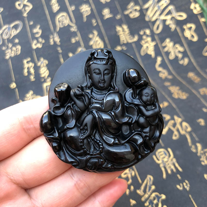 天然黑曜石观音菩萨挂件证书玉佩