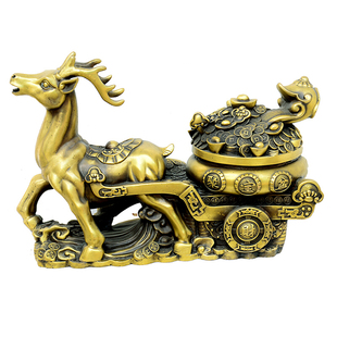 纯铜神鹿拉聚宝盆车摆件一路发大财工艺品送证书