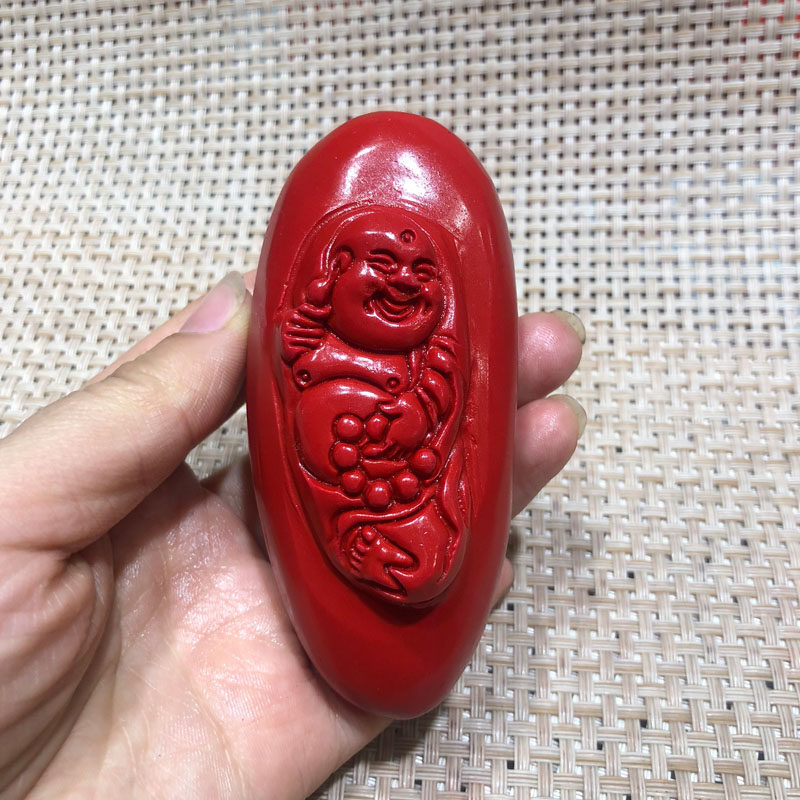 台湾原色帝王红朱砂佛珠笑佛手把件转运护身大肚佛玉把件证书