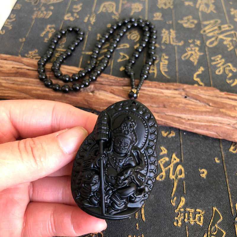 玉佩项链天然黑曜石证书黄财神
