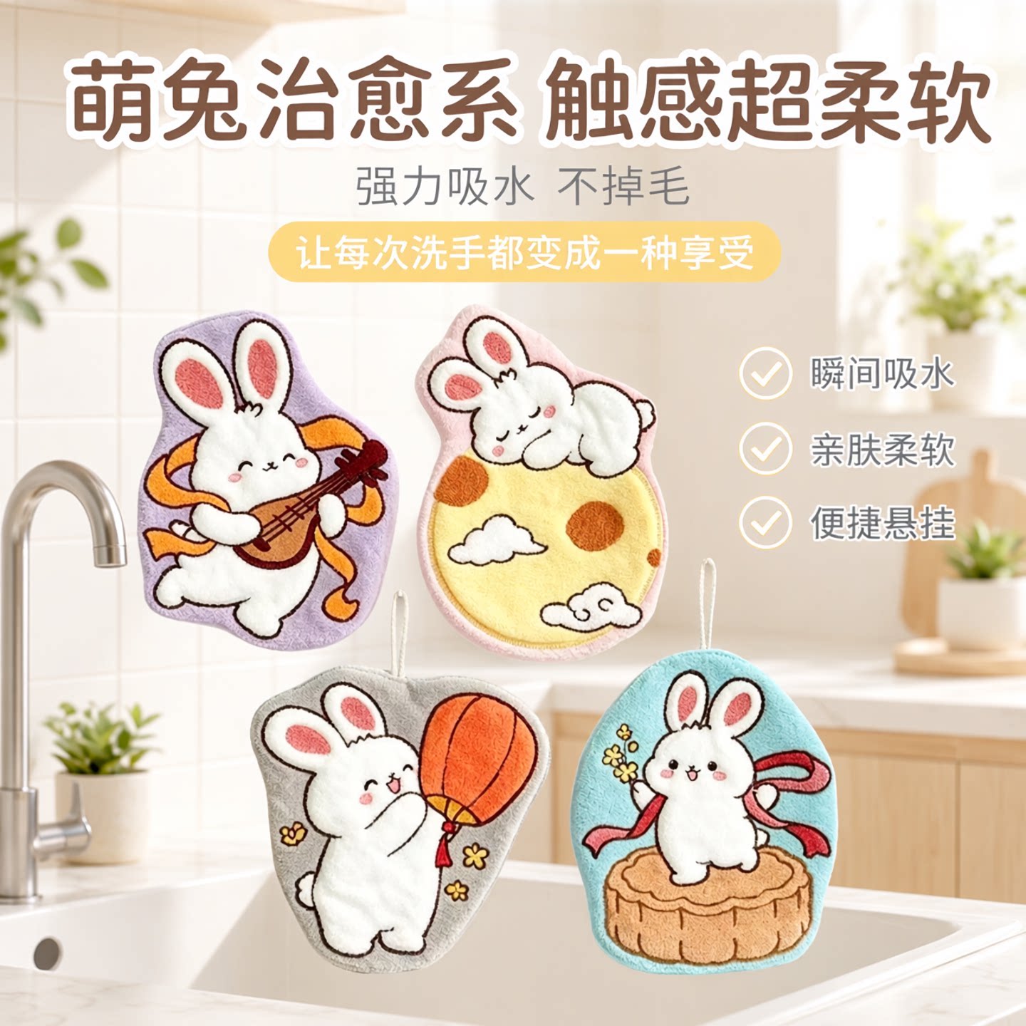 可爱兔子可挂式吸水不掉毛擦手巾
