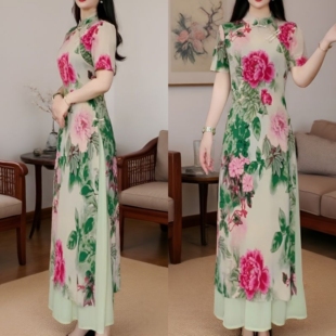 妈妈气质连衣裙夏装套装新品定制款牡丹花旗袍加半身裙两件套