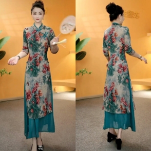 贵夫人新中式 裙子 冰羽丝高档旗袍裙加桑丝纱半身裙两件套复古长袖