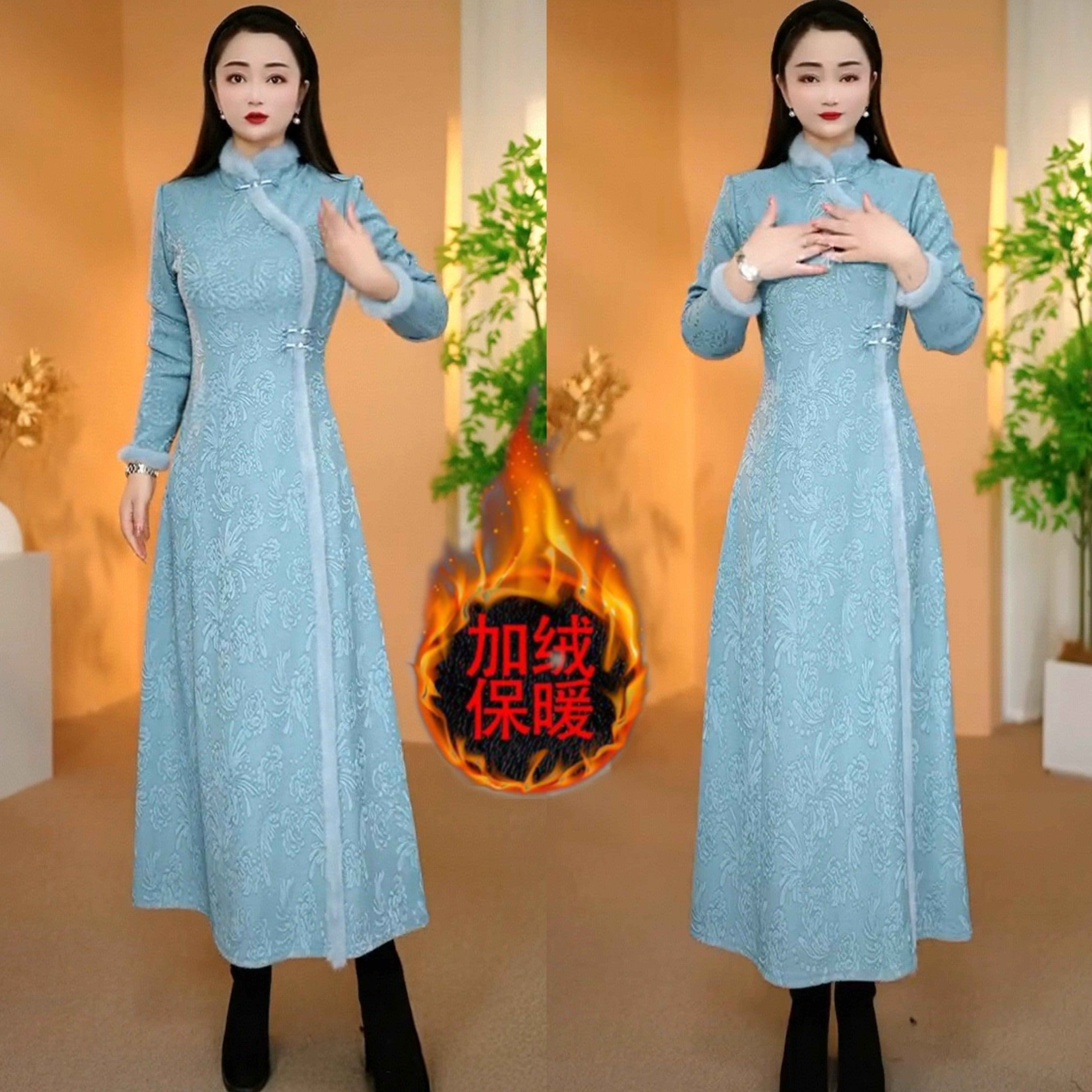 妈妈优雅气质秋冬款连衣裙高档云锦丝提花加绒加厚新中式旗袍裙子