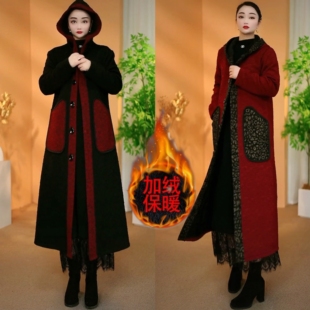 中年妈妈高贵大衣洋气显瘦新款加绒加厚时尚百搭长款连帽风衣外套