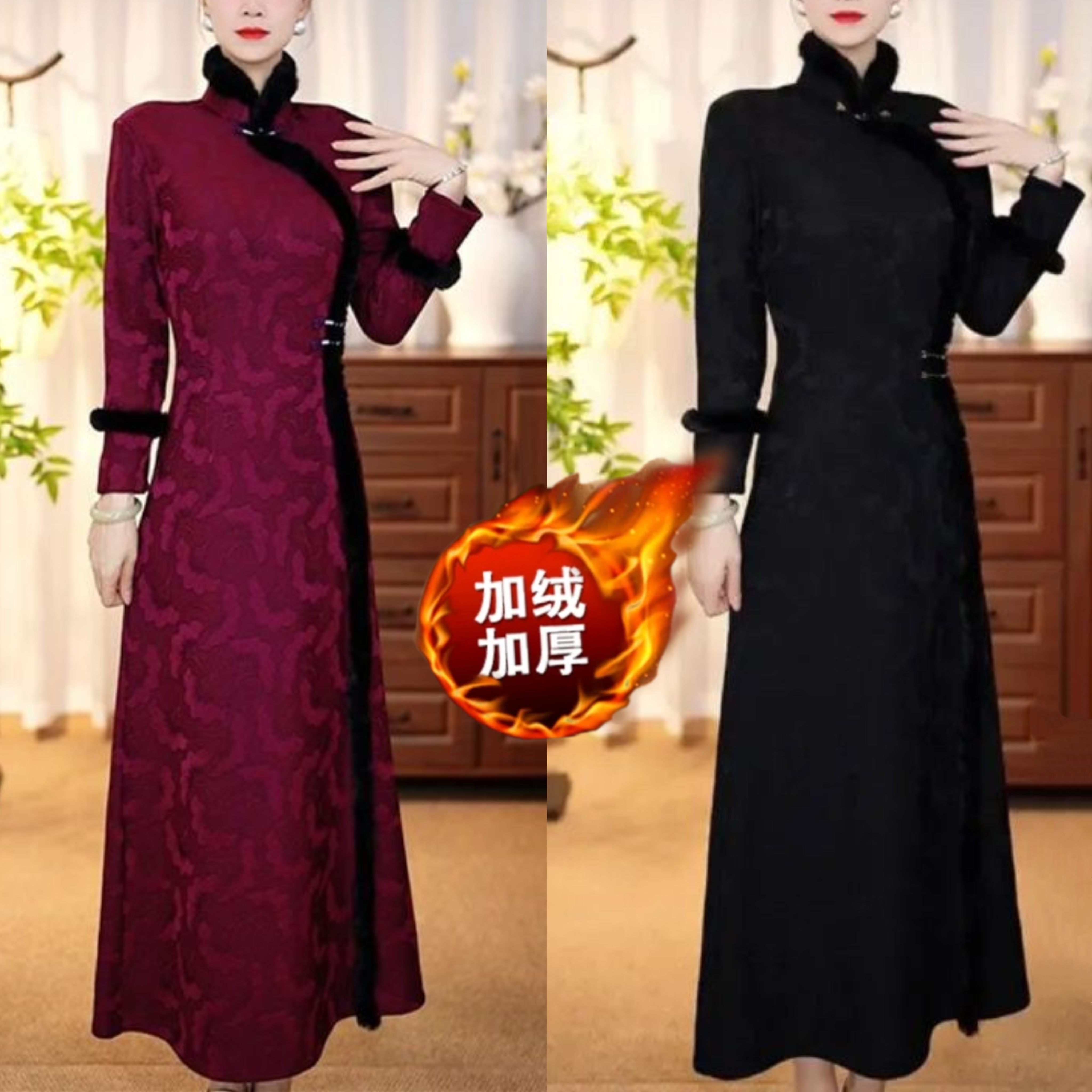 冬季高端旗袍新款加绒加厚高级提花连衣裙保暖大码高档冬天厚裙子