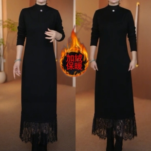 2025新款洋气长裙秋冬加绒加厚显瘦连衣裙高档百搭气质蕾丝A字裙