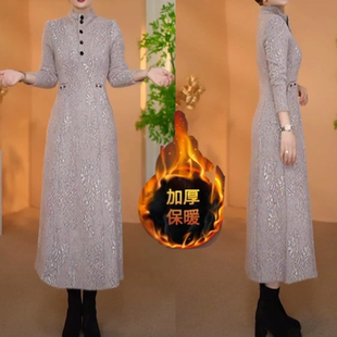新款 雪花绒立翻领两穿加厚保暖连衣裙中年洋气高档半高领保暖裙子