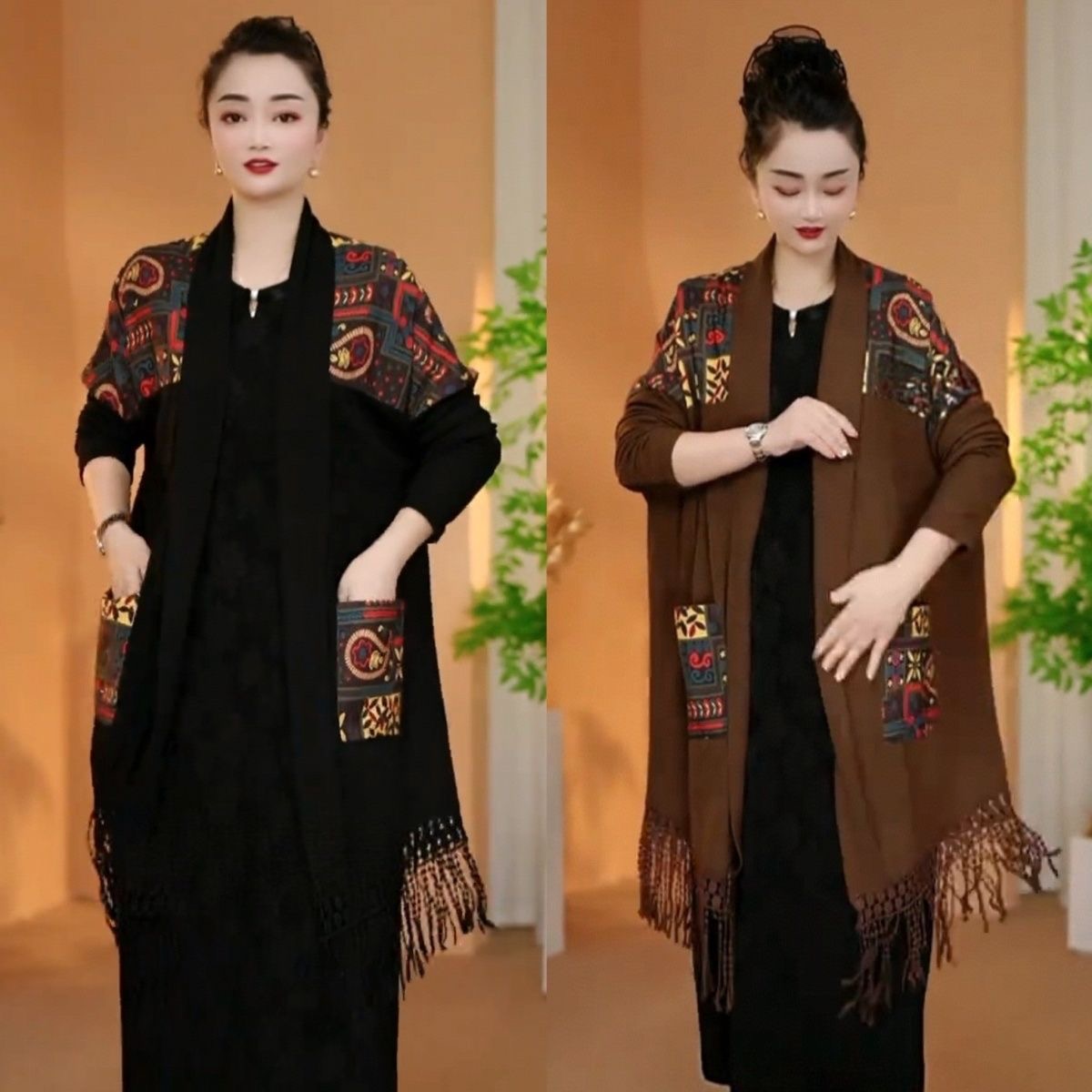 中年妈妈2025春秋新款提花流苏针织开衫外搭贵夫人毛衣披肩外套女