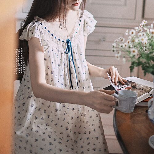 法式小碎花纯棉纱睡衣女甜美少女短袖夏天睡裙新款家居服长裙