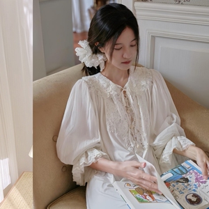仙女复古手工蕾丝莫代尔睡裙欧洲古典法式甜美宫廷风睡衣家居服秋