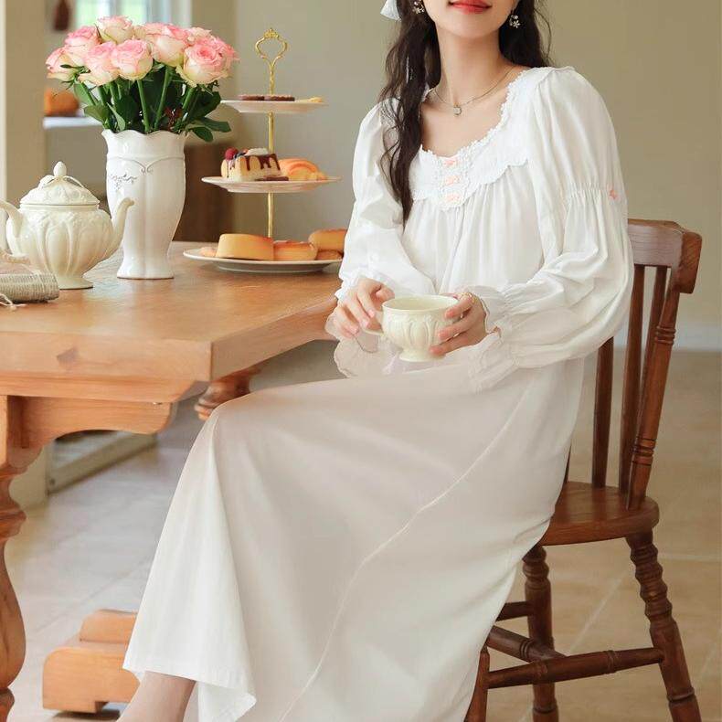 睡衣女款2024新品春秋纯棉长袖长款公主风方领睡裙甜美少女粉家居
