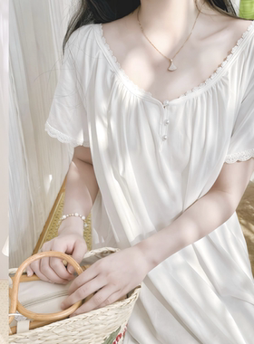 纯棉夏季女款短袖睡裙法式公主风甜美蕾丝夏天纯欲风睡衣新款宽松