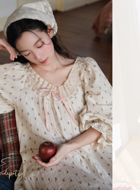 春秋新款带胸垫睡裙女纯棉长袖长款连衣裙子甜美韩版家居服睡衣女